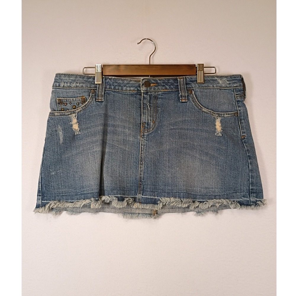 Y2K Grunge Hint Jeans Women Size 13 Blue Studded Distressed Mini Skirt 129-3988